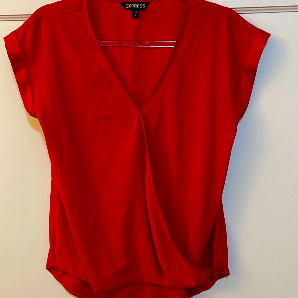 Red silky Express blouse top Surplice wrap